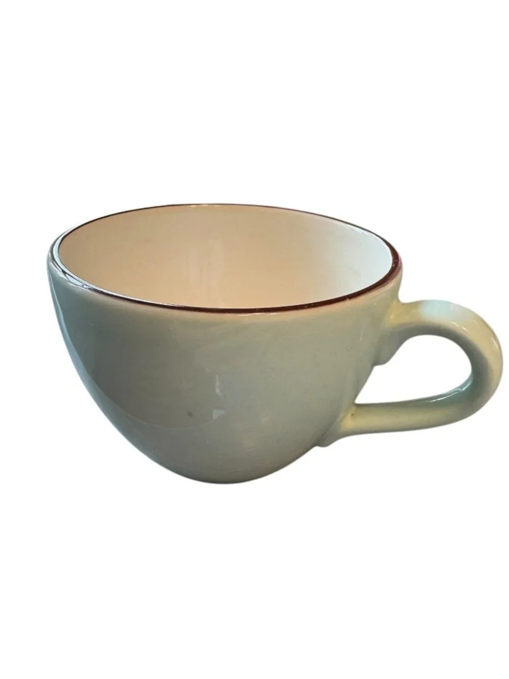 Vintage Italian Ceramic Coffee Cup With Light Blue Glaze & Brown Rim - 3